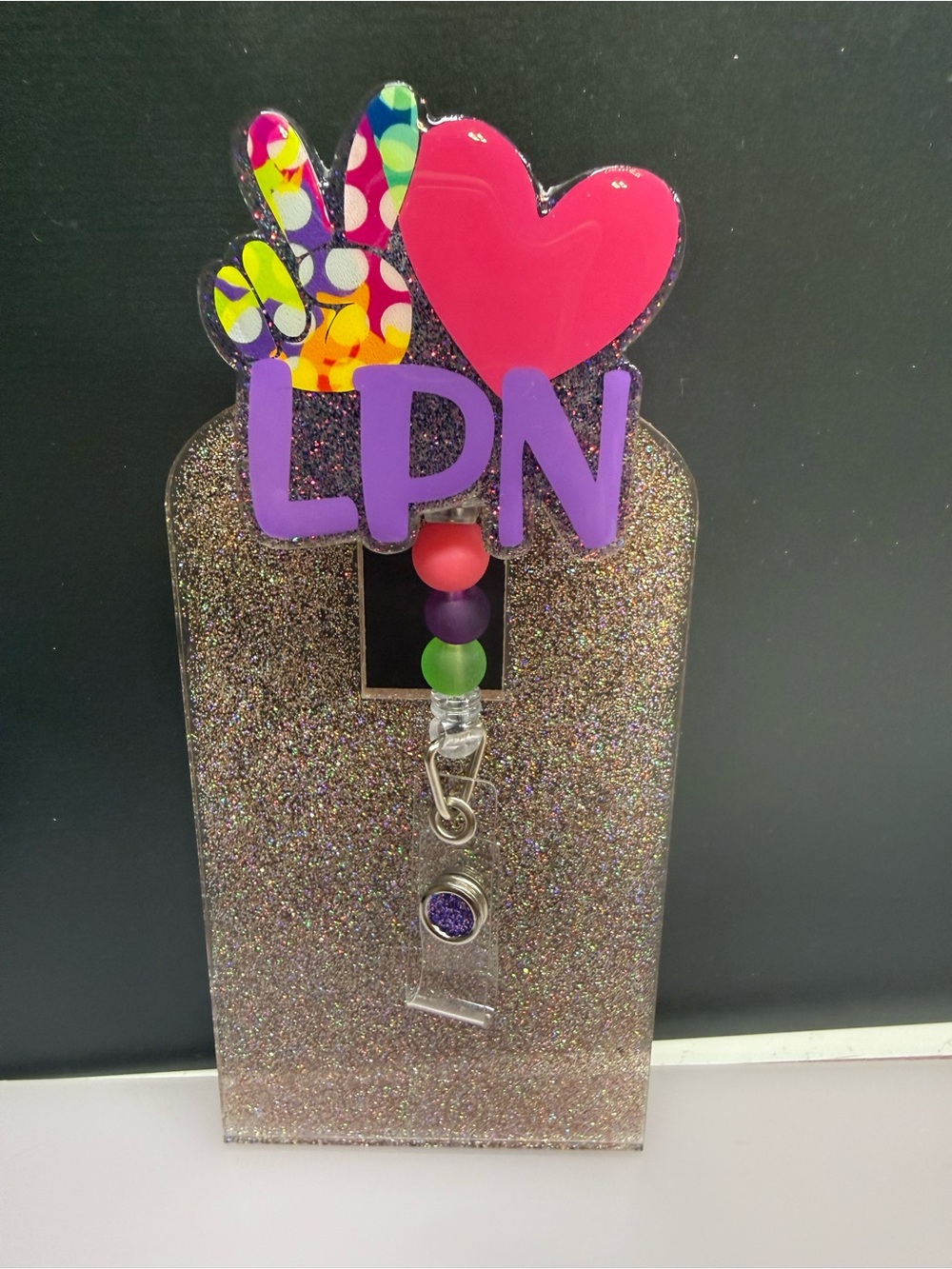 Glitter LPN Badge Reel with Colorful Heart & Peace‎ Sign